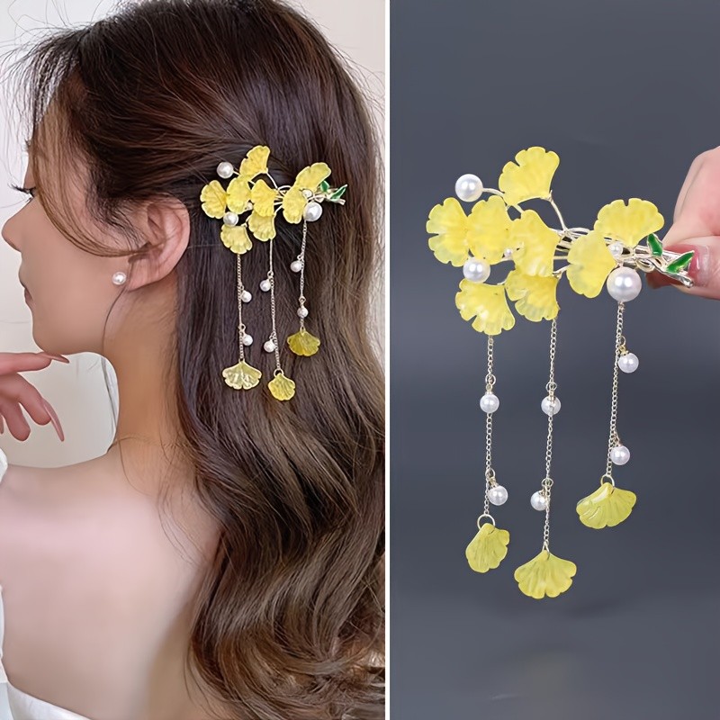1pc Chinese Vintage Gypsy Hairpin - Yellow Flower Garland Hair Clip with Green Beads & -like Chains, Antique Hair Streaker for Hanfu, Wedding, Prom - Women's Traditional Hair Accessory (Single)