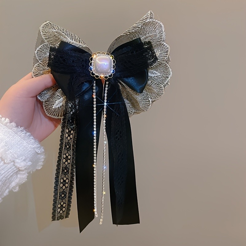 1pc Elegant Bow Hair Clip with Long Tassel - Black & Golden Accents, Secure Hold for Ponytails, Buns, Braids - Valentine'S Day Gift, Everyday & Formal Hairstyle Accessory, Hair Accessories, Bunmaking Accessory, Sophisticated Design, Durable Hairpin, Ponytail Holder, Stylish Hairpin, Highquality Hairpin, Decorative Hairpin, Fashion Lovers