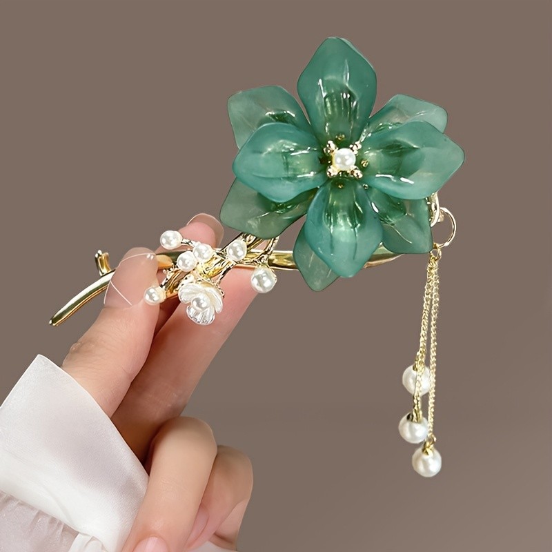 Elegant Lily Hairpin Elegant Vintage 1pc Green Lily-of-the-Valley Hairpin | White Zinc Alloy Hair Clip with Tassel & Plastic Beads | New Chinese Style Decorative Hair Accessories for Women