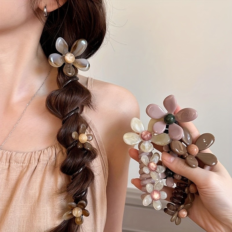 5pcs Set Women's Resin Flower Braids - Clear\u002FGreen\u002FBrown\u002FPink\u002FBlack Braiding Hair Elastics with Multi-Color Pastel & Natural Beads, All-Season Braiding Hair Accessories for Braids, Buns, Ponytails, Fishtails - Durable & Flexible Resin Hair Elastics (No Feathers\u002FNon-Toxic) - Multi-Color Options (Pink, Green, Brown, Clear, Black) - Braiding Hair for Braids & Buns