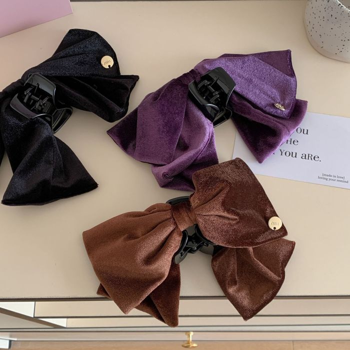 🎀 Luxury Velvet Bow Shark Clip – Elegant Deep Purple Hairpin for Buns, Ponytails & Formal Styling 🎀