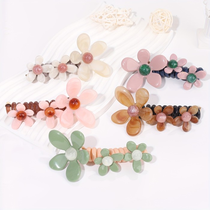 5pcs Set Women's Resin Flower Braids - Clear\u002FGreen\u002FBrown\u002FPink\u002FBlack Braiding Hair Elastics with Multi-Color Pastel & Natural Beads, All-Season Braiding Hair Accessories for Braids, Buns, Ponytails, Fishtails - Durable & Flexible Resin Hair Elastics (No Feathers\u002FNon-Toxic) - Multi-Color Options (Pink, Green, Brown, Clear, Black) - Braiding Hair for Braids & Buns