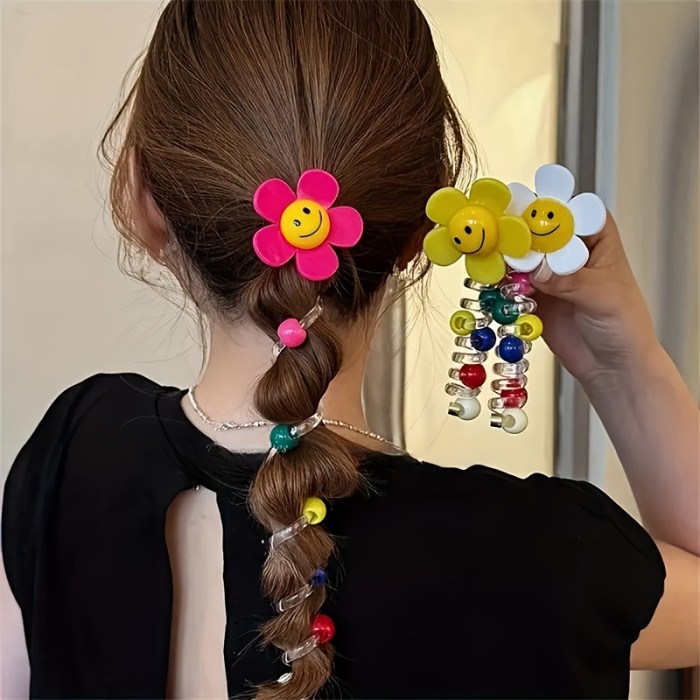 🌼4pcs Sweet Sunflower Phone-Cord Hair Ties – Cute Bubble Braid Creator Rings for Summer Ponytails & Braids