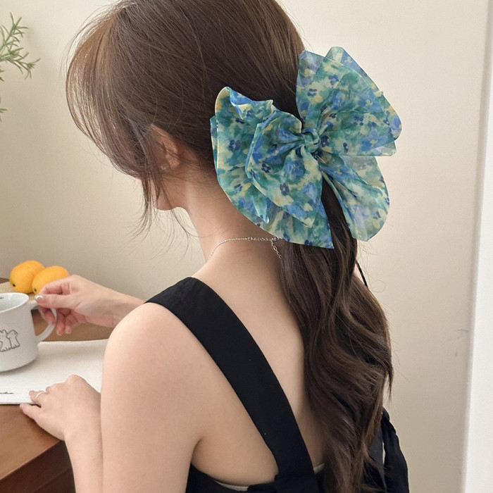 🎀 Large Loose Bow Hair Clip – Smudge-Free White/Green Ribbon Accessory for Voluminous Ponytails & Braids 🎀