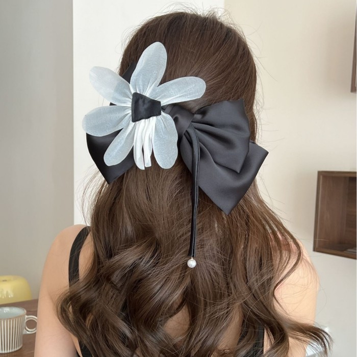 🎀 Elegant Black Bow Hair Clip with White Ribbon – Classic Formal Hair Accessory