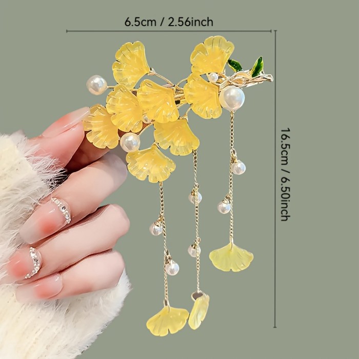 1pc Chinese Vintage Gypsy Hairpin - Yellow Flower Garland Hair Clip with Green Beads & -like Chains, Antique Hair Streaker for Hanfu, Wedding, Prom - Women's Traditional Hair Accessory (Single)