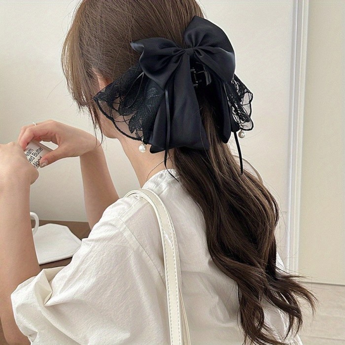 Elegant Lace Bow Ponytail Clip 🎀 | White Ribbon Hair Accessory with Pendant & Secure Shark Grip