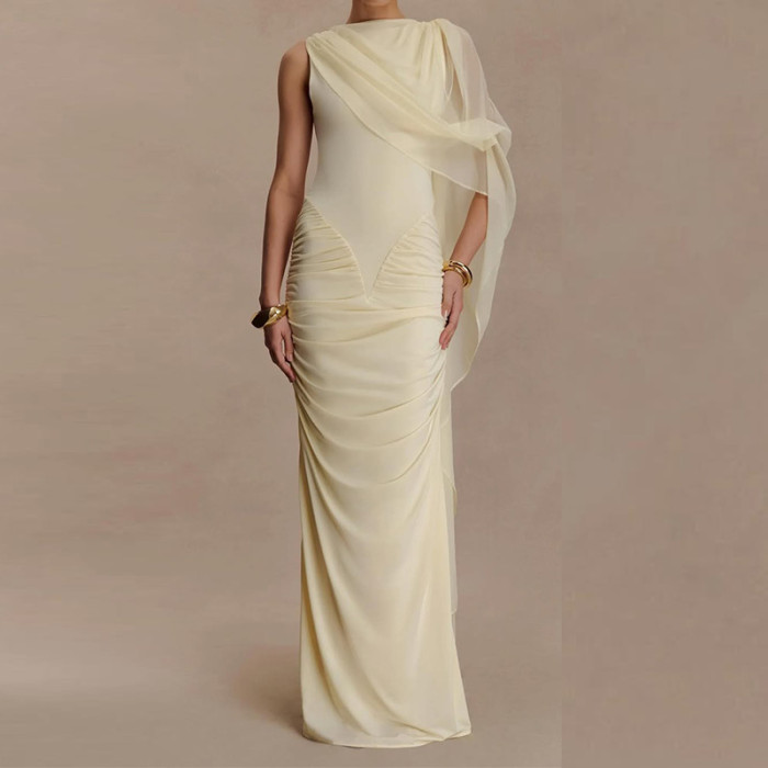 Mesh Shawl High Waist Women Long Dress Elegant O-neck Sleeveless Hollow Out Party Dress Casual Solid Color Draped A-line Dresses