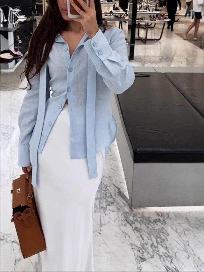 Simple Solid Color Lapel Long Sleeved Shirt New Autumn Single Breasted Women's Casual Top Tees Fashion High Street Loose Shirt