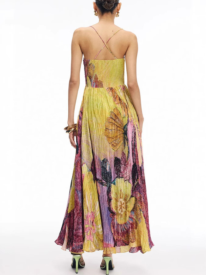 Summer Hollow Pattern Printed Long Dresses Casual Sleeveless Swing Beach Dress Sexy Off Shoulder High Waist Pleated Party Dress