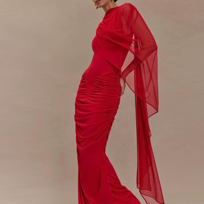 Mesh Shawl High Waist Women Long Dress Elegant O-neck Sleeveless Hollow Out Party Dress Casual Solid Color Draped A-line Dresses