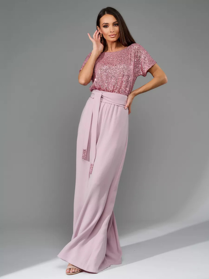 Lady Fashion Sequin Patchwork Commuting Jumpsuit New Casual O Neck Lace Up High Waist Romper Elegant Short Sleeved Playsuit