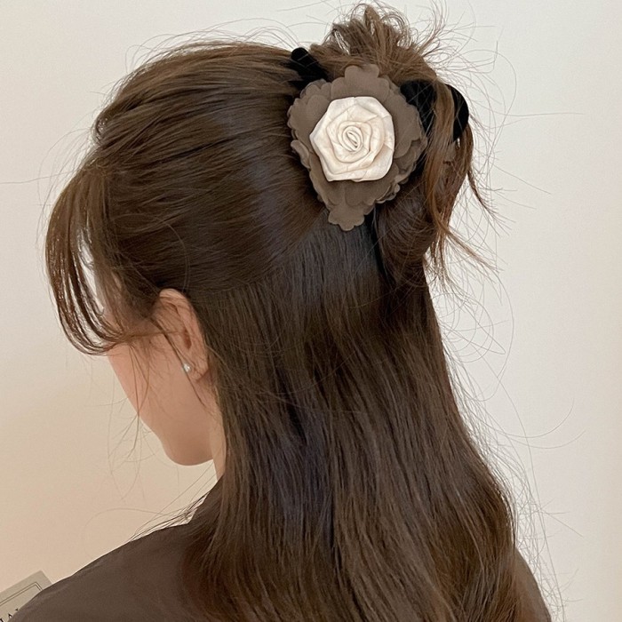 Large Sweet Floral Shark Clip Hair Clip - Color-Blocked Dry Rose Flower with Layered Petals, Hold Half-Up Ponytail & Bun Hair for, White & Brown, Elegant Hairpin for Special Occasions (Durable & Versatile)