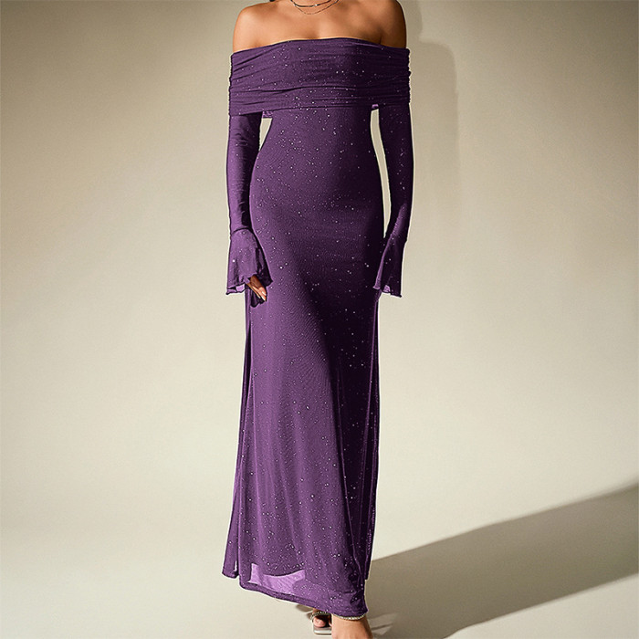 Autumn Vintage Women's Long Sleeved Party Dress Sexy Off Shoulder High Waist Slim Long Dress Elegant Solid Mesh Bridesmaid Dress