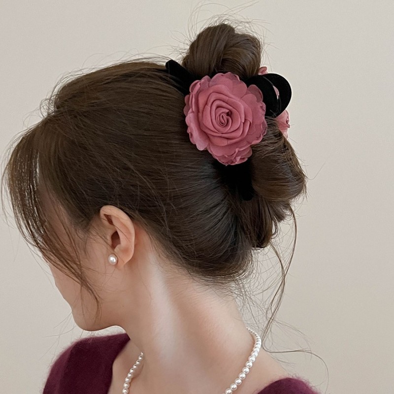 Large Sweet Floral Shark Clip Hair Clip - Color-Blocked Dry Rose Flower with Layered Petals, Hold Half-Up Ponytail & Bun Hair for, White & Brown, Elegant Hairpin for Special Occasions (Durable & Versatile)