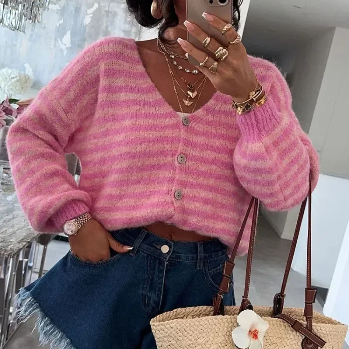 Color Blocking Striped Autumn Winter Cardigan Sexy Women's V-neck Long Sleeved Loose Sweater Elegant Holiday Warm Knitted Coat