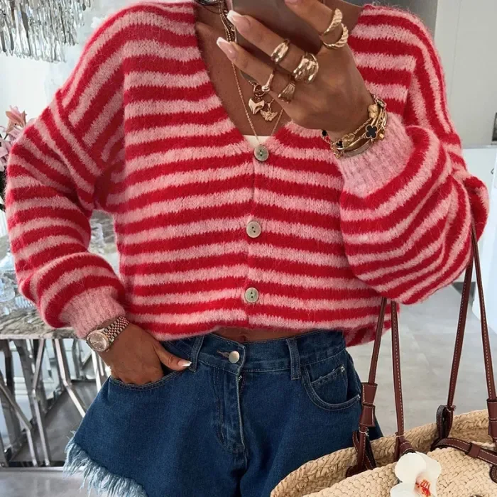 Color Blocking Striped Autumn Winter Cardigan Sexy Women's V-neck Long Sleeved Loose Sweater Elegant Holiday Warm Knitted Coat