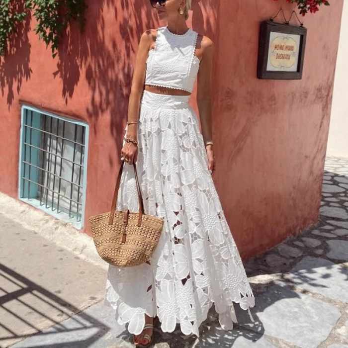 Lace Hollow Loose Women's 2 Piece Set Fashion O-neck Sleeveless Top with Long Skirt Suit Sexy Exposed Navel Holiday Outfit