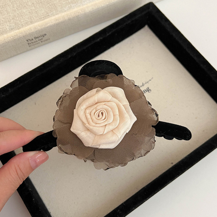 Large Sweet Floral Shark Clip Hair Clip - Color-Blocked Dry Rose Flower with Layered Petals, Hold Half-Up Ponytail & Bun Hair for, White & Brown, Elegant Hairpin for Special Occasions (Durable & Versatile)