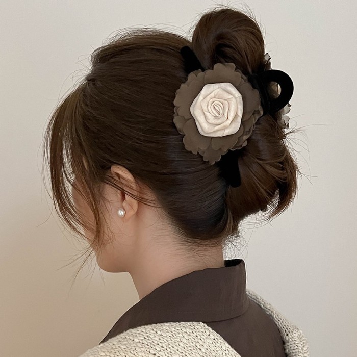 Large Sweet Floral Shark Clip Hair Clip - Color-Blocked Dry Rose Flower with Layered Petals, Hold Half-Up Ponytail & Bun Hair for, White & Brown, Elegant Hairpin for Special Occasions (Durable & Versatile)