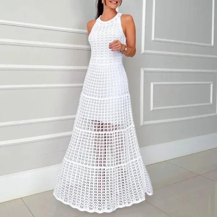 Casual Summer Solid Color Holiday Dresses Fashion O-neck Hollow Knitted Long Dress Sexy Sleeveless High Waist Beach Dress