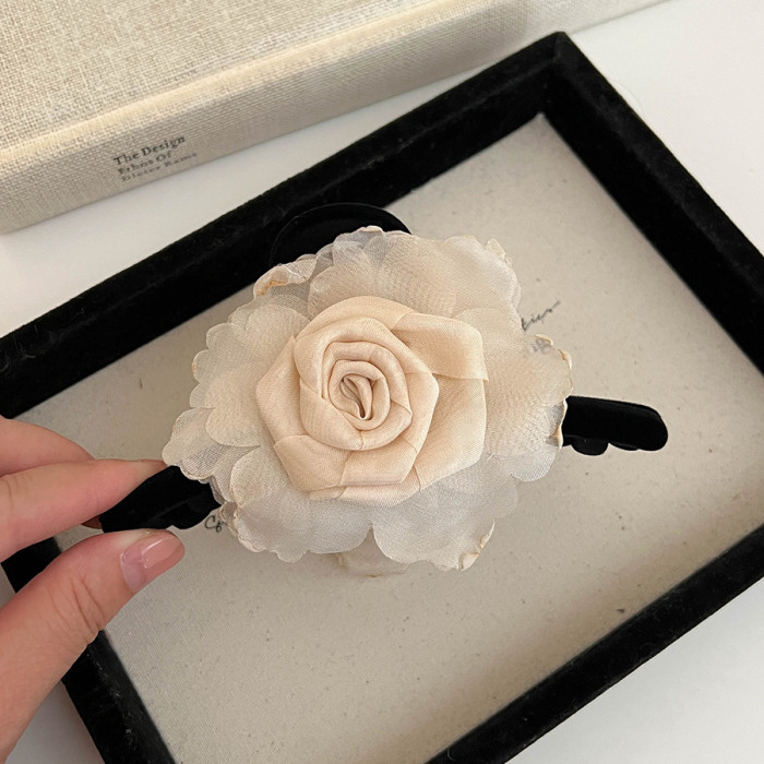 Large Sweet Floral Shark Clip Hair Clip - Color-Blocked Dry Rose Flower with Layered Petals, Hold Half-Up Ponytail & Bun Hair for, White & Brown, Elegant Hairpin for Special Occasions (Durable & Versatile)