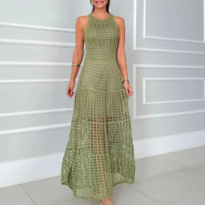 Casual Summer Solid Color Holiday Dresses Fashion O-neck Hollow Knitted Long Dress Sexy Sleeveless High Waist Beach Dress