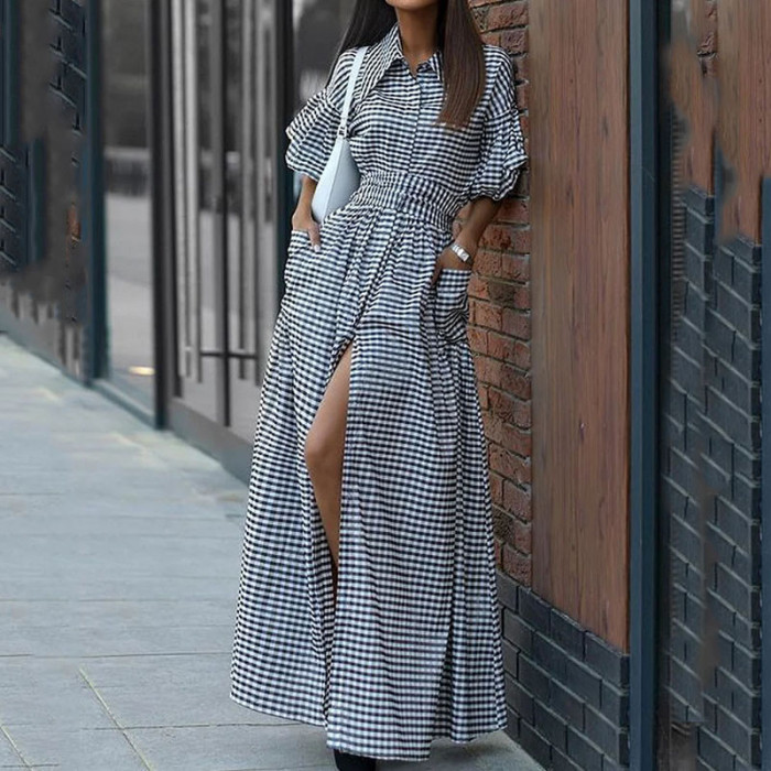 Plaid Printed Puff Sleeve Women Dress New Elegant Lapel Button Shirt Long Dress Fashion Pocket High Waist Robe Dress