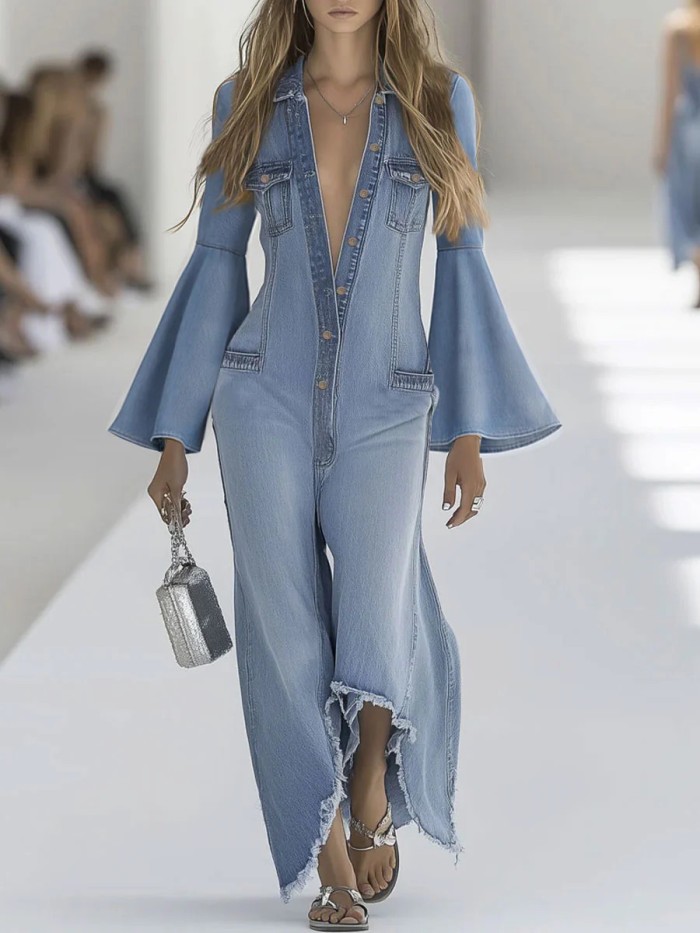 Autumn Flared Sleeve Loose Denim Jumpsuit Women's Casual Lapel Single Breasted Romper New Retro Pocket Long Pants Playsuit