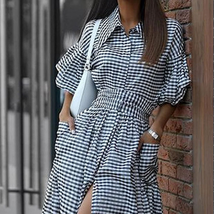 Plaid Printed Puff Sleeve Women Dress New Elegant Lapel Button Shirt Long Dress Fashion Pocket High Waist Robe Dress