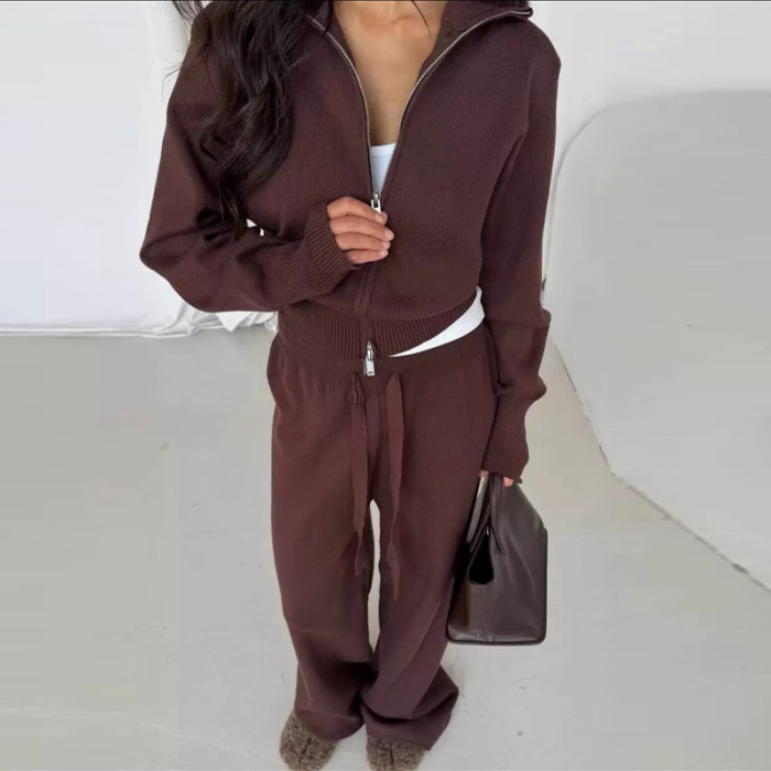 Casual Zipper Jacket Commuter Suit Simple Solid Color Streetwear Long Pants Outfits Autumn Winter Knitted Women's Two Piece Sets