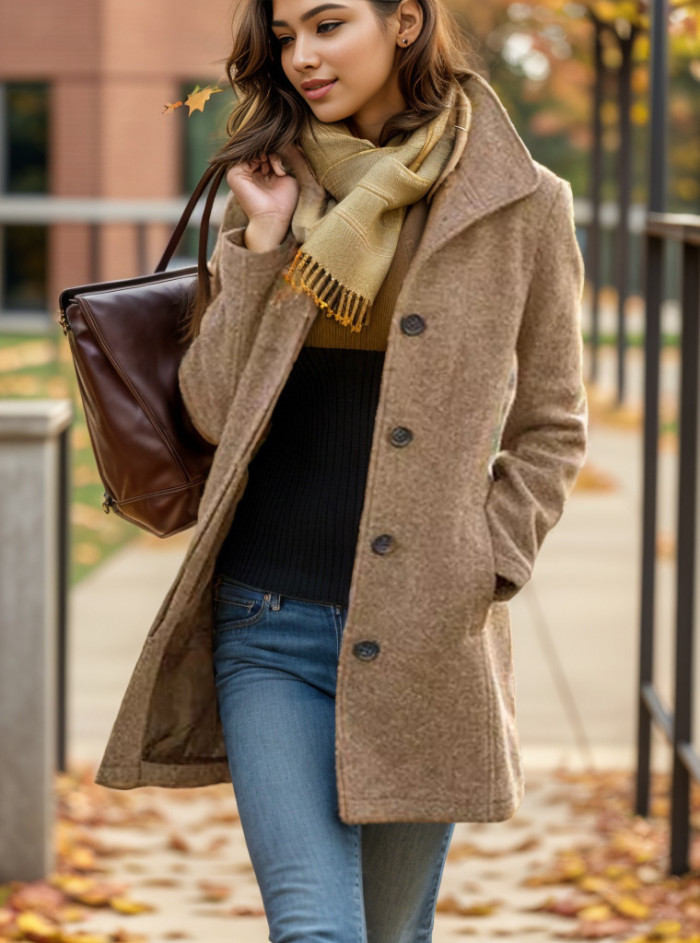 Women's Woolen Coat Autumn Winter New Style Fashion Woolen Blended Fabric Jacket Mid-length Single Breasted Outerwear