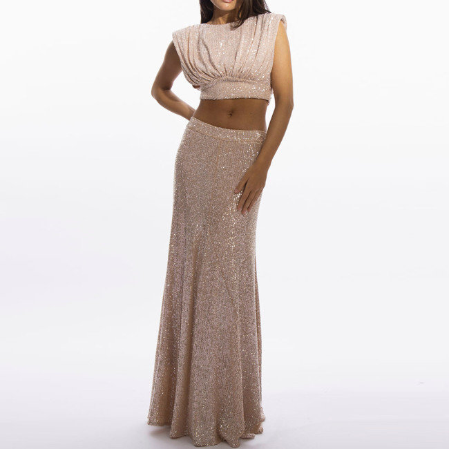 Pink Sequined Sleeveless Slim Fit Women's Outfit Casual O-neck Crop Top & Long Skirt Suit Club Party Elegant Two Piece Set