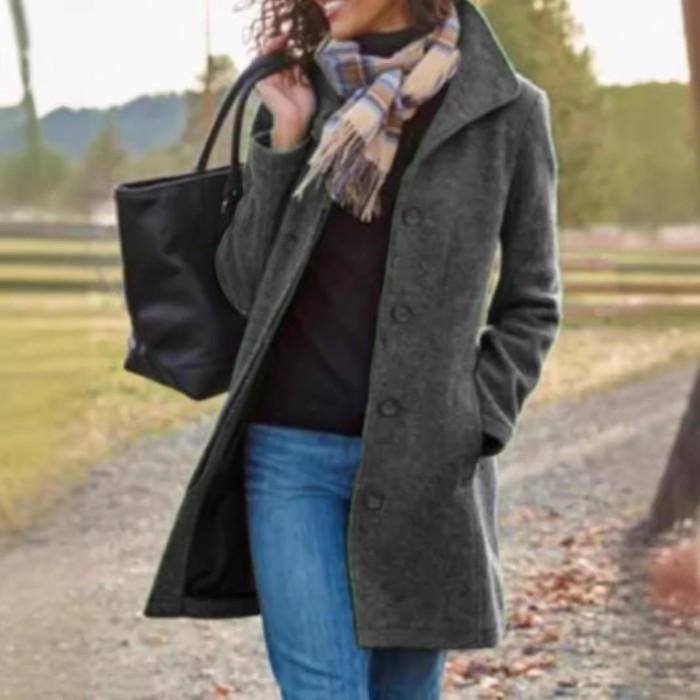 Women's Woolen Coat Autumn Winter New Style Fashion Woolen Blended Fabric Jacket Mid-length Single Breasted Outerwear