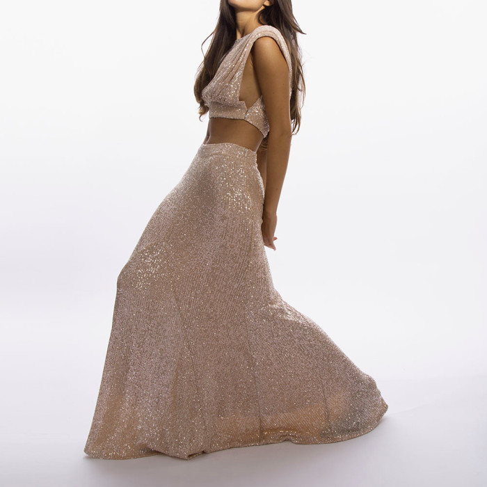 Pink Sequined Sleeveless Slim Fit Women's Outfit Casual O-neck Crop Top & Long Skirt Suit Club Party Elegant Two Piece Set