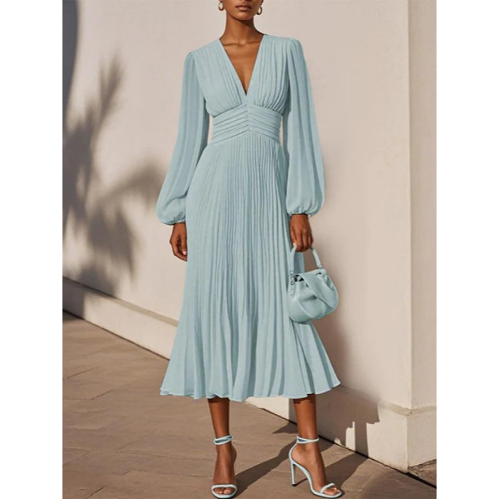 Chic Pleated Dress Chiffon V-neck Women Long Sleeve Casual Loose Female Ladies Dress