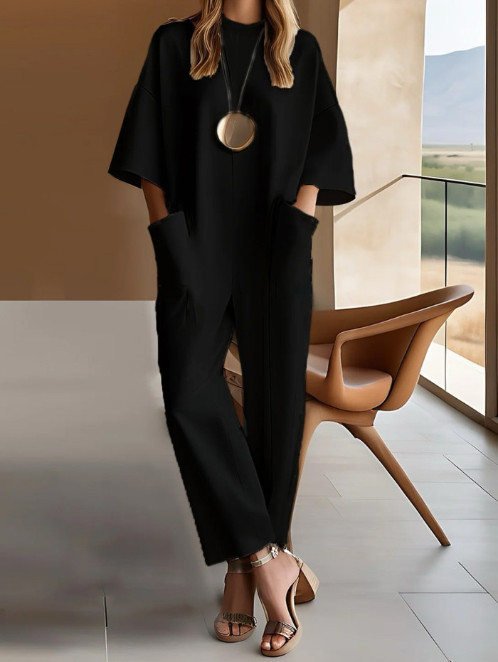 🌿 Women's Casual Solid Color Short-Sleeved Jumpsuit