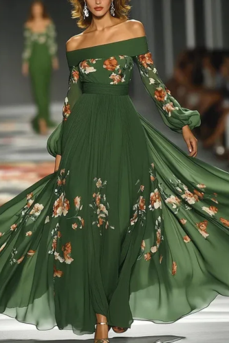 Elegant Long Sleeve Slash Neck Pleated Long Dress Sexy Backless Print High Waist Woman Dress Autumn Strapless Lace Up Prom Dress