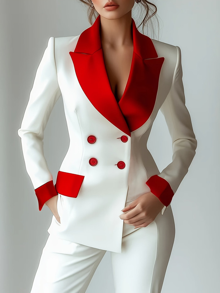🌿 Elegant Double-Breasted Patchwork Blazer Coat