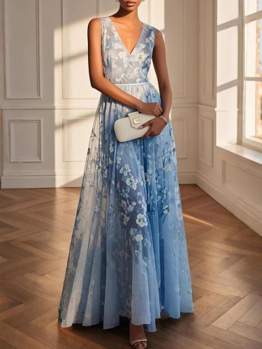 🌸  Elegant V-Neck Printed Sleeveless Evening Dress✨