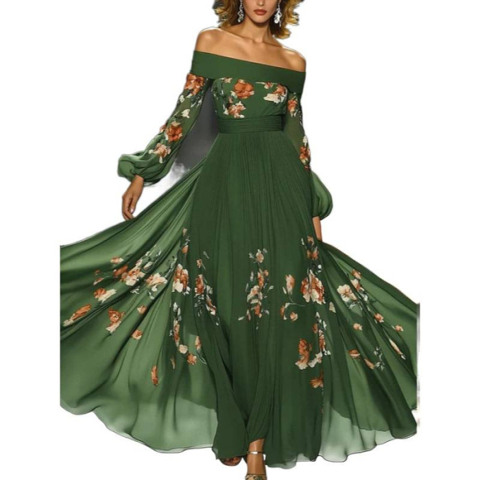 Elegant Long Sleeve Slash Neck Pleated Long Dress Sexy Backless Print High Waist Woman Dress Autumn Strapless Lace Up Prom Dress