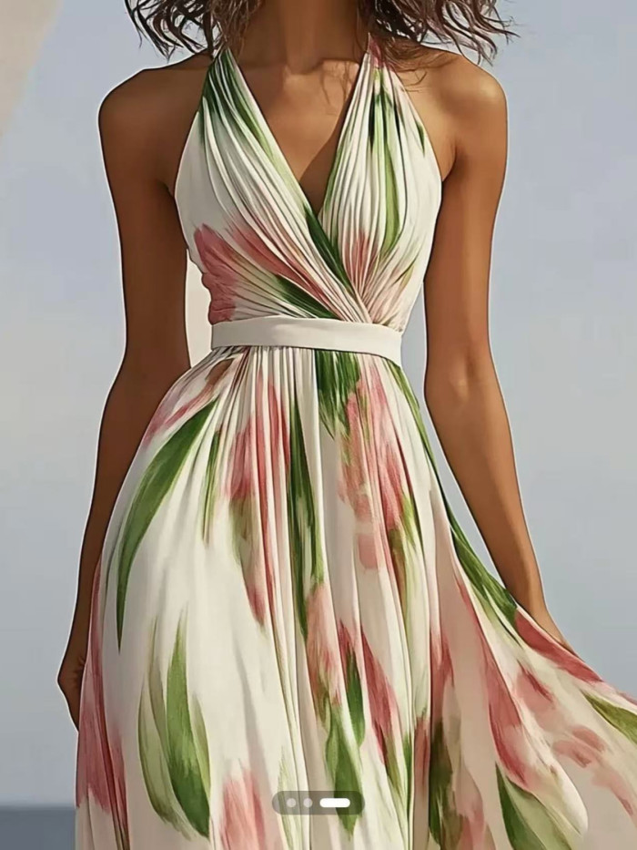 Elegant Sexy Sleeveless V-neck Long Dress Fashion High Waist Sashes Print Women Dress Summer Holiday A-Line Pleated Halter Dress