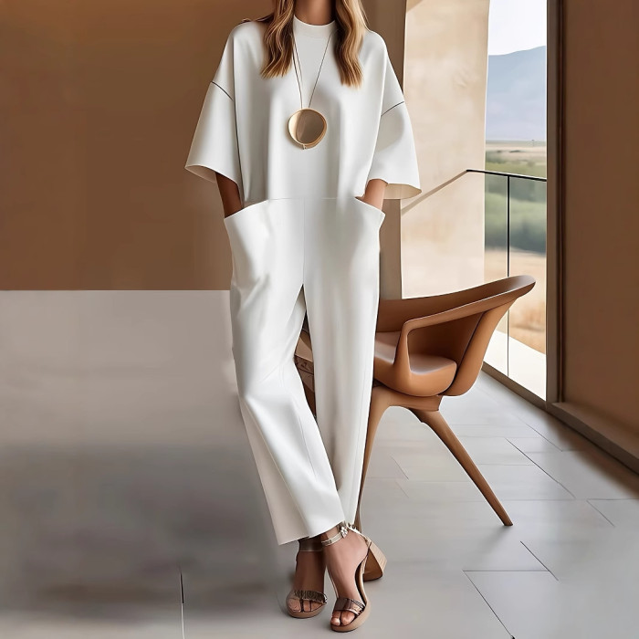 🌿 Women's Casual Solid Color Short-Sleeved Jumpsuit