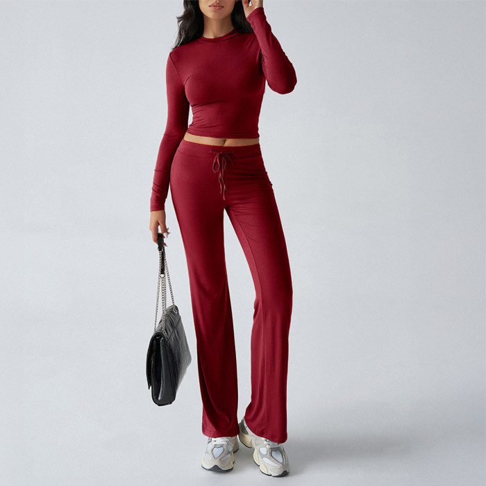 Women's Two-Piece Sports Set – Long Sleeve T-Shirt & Solid Color Trousers for Yoga & Casual Wear 🏃‍♀️