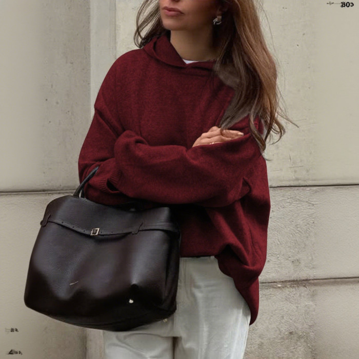 Vintage-Inspired Loose Hooded Sweater – Simple & Comfortable Solid Color Long Sleeve Knit for Women 🍁