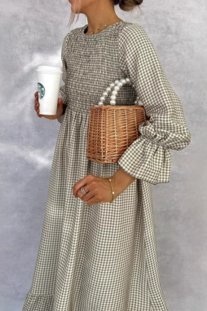 Fall Puff Sleeve A-Line Boho Dress Retro Plaid Print O-neck Button Pleated Long Dress Spring High Waist Loose Womens Party Dress