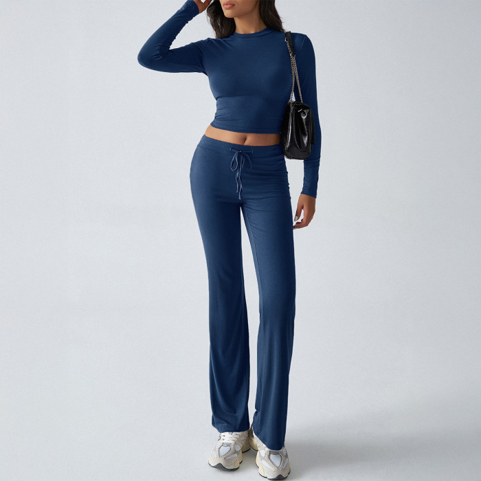 Women's Two-Piece Sports Set – Long Sleeve T-Shirt & Solid Color Trousers for Yoga & Casual Wear 🏃‍♀️