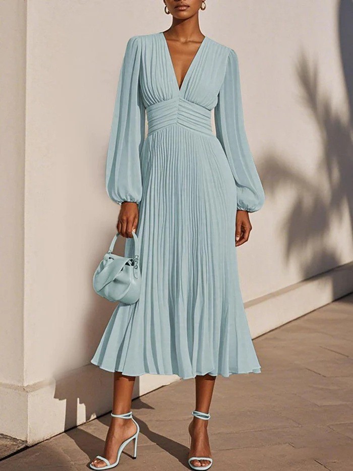 Chic Pleated Dress Chiffon V-neck Women Long Sleeve Casual Loose Female Ladies Dress