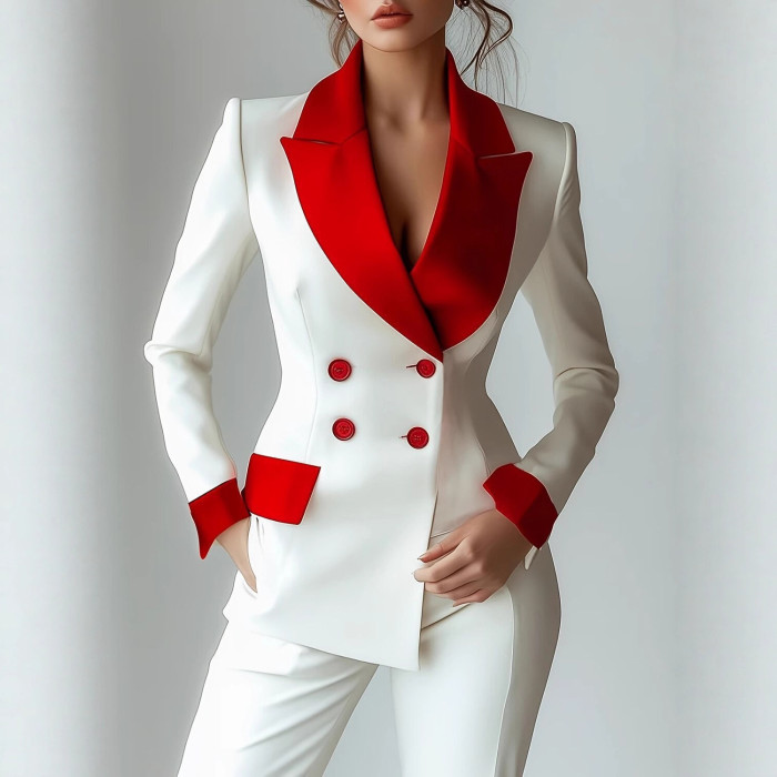 🌿 Elegant Double-Breasted Patchwork Blazer Coat