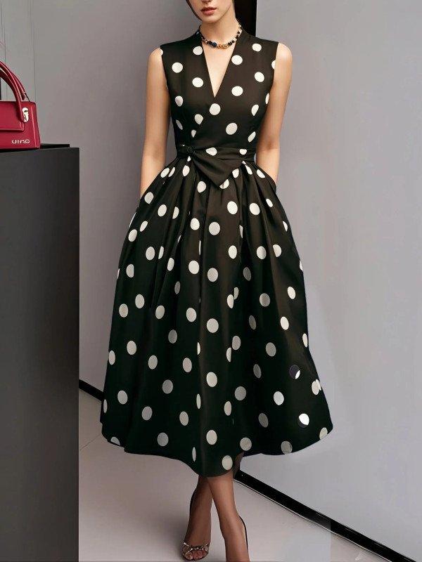 🖤 Retro Hepburn Polka Dot V-Neck Swing Dress